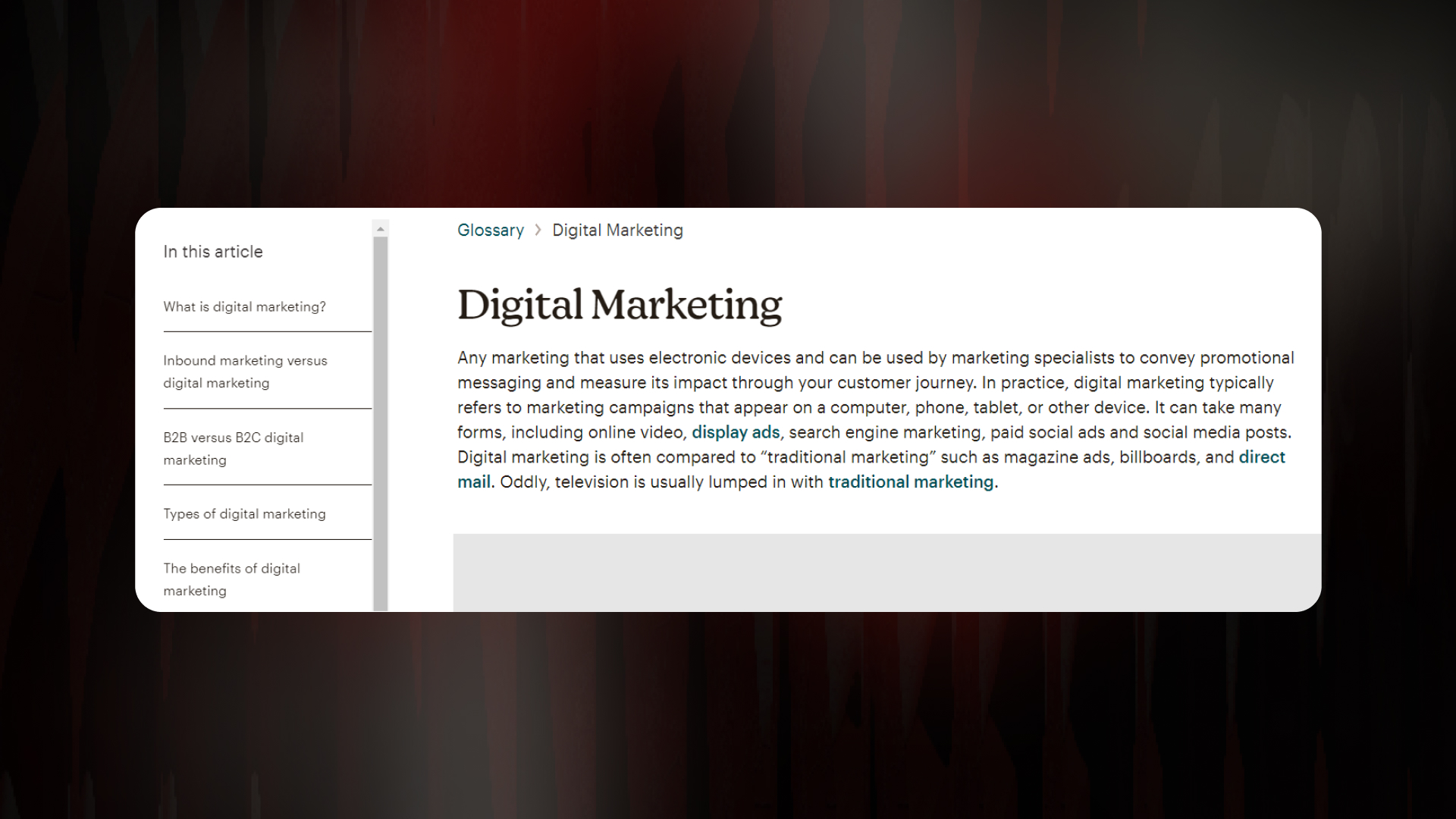 Table of contents in the article about digital marketing